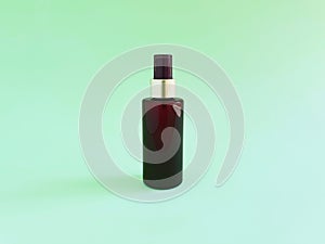 Mockup of unbranded brown plastic spray bottle on green background. Cosmetic bottle container for branding of medicine