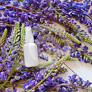 Mockup of unbranded white plastic spray bottle and lupine flowers on white wooden background. Natural organic spa cosmetics