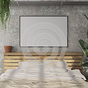 Mockup under the poster in the bedroom above the bed. 3d image, 3d rendering