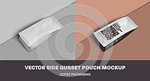 Mockup of vector coffee pouch gusset with degassing valve, white package with modern design, with place for pattern, branding