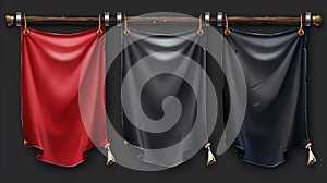 Mockup of a vinyl banner with black and red fabric canvas hanging on ropes, silver and gold colored laces and rivets for
