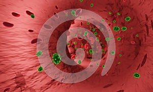Mockup virus or bacteria  and Red blood cells in an artery or  blood vessel , flow inside body, medical human health-care. Corona