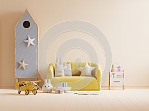 Mockup wall in the children`s room with yellow sofa on cream color wall