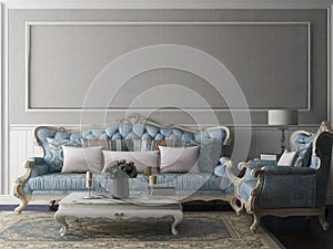 Mockup wall with classic room interior, classic blue sofa, gray molding wall. 3D illustration. 3d rendering