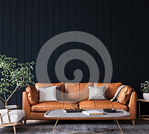 Mockup wall in dark living room interior background, farmhouse style