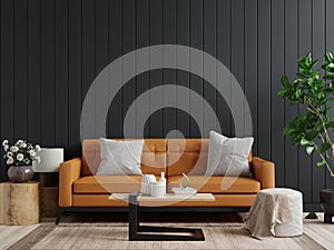 Mockup wall in dark living room interior background with Leather sofa and table on empty dark wooden wall background