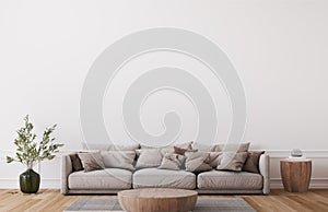 Mockup wall in farmhouse living room interior, beige sofa on white wall background