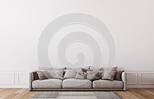 Mockup wall in farmhouse living room interior, beige sofa on white wall background