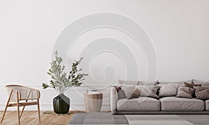 Mockup wall in farmhouse living room interior, beige sofa on white wall background