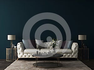 Mockup wall in luxury interior room with classic white furniture and dark teal painted wall