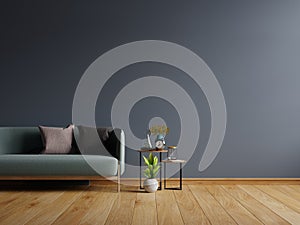 Mockup wall in modern interior background has a sofa on empty dark wall background