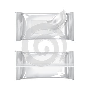 Mockup of wet wipe flow pack. Wet wipes. Realistic pack on white background. Vector template