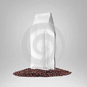 Mockup of a white bag standing on coffee beans, front view, side view, stabilo coffee pouch, isolated on background, close-up