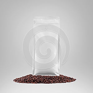 Mockup of a white bag standing on coffee beans, stabilo coffee pouch with space for design, branding, advertising