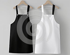 Mockup white and black aprons hanging on the wall.