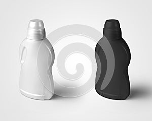 Mockup of a white, black bottle for liquid powder, gel soap, close-up on the background