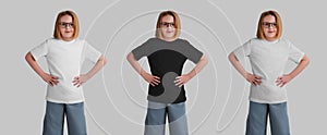 Mockup of white, black, heather kid's t-shirt on a posing girl in glasses, front, clothing for design. Set