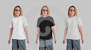 Mockup of a white, black, heather kid's t-shirt on a posing girl in glasses, jeans, isolated on a background