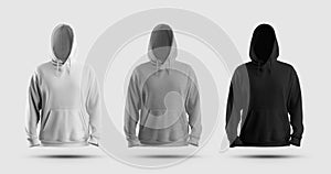 Mockup of white, black, heather oversized hoodie with large hood, 3D rendering, men\'s clothing set for design, branding photo