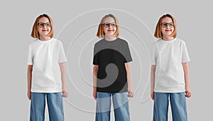 Mockup of a white, black, heather t-shirt on a beautiful girl in glasses, isolated on the background