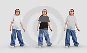 Mockup of a white, black, heather t-shirt for a full-length girl, front, a shirt for a child in jeans, glasses