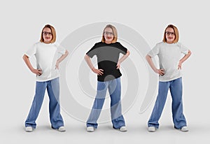 Mockup of a white, black, heather T-shirt on a girl in jeans, glasses, full, isolated on the background
