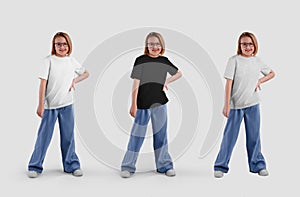 Mockup of a white, black, heather T-shirt on a girl in jeans, sneakers, glasses, isolated on the background
