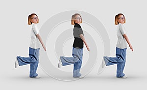 Mockup of a white, black, heather t-shirt on a posing girl in full height, side, shirt on a child, for design, pattern. Set