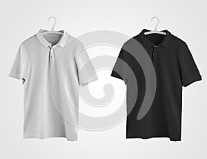 A mockup of a white, black polo hanging on a plastic hanger, a textured T-shirt with a collar for presentation of design, print