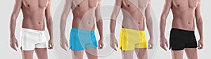 Mockup white; black, Ukrainian colors swimwear, trunks on guy, summer panties isolated on background, front view