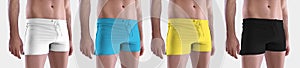 Mockup white; black, yellow, blue trunks on sports man, boxers for swimming, summer vacation, isolated on background, front