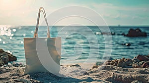 Mockup of white blank canvas tote bag with sea landscape on background, eco textile shopping sack with copy space, AI