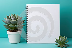 mockup white blank empty notepad with potted succulent on turquoise background, template for design with copy space