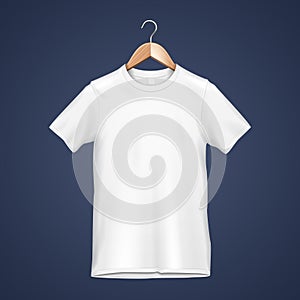 Mockup White Blank Mens Or Unisex Cotton T-Shirt On The Hanger. Front View. Illustration Isolated On Blue Background