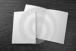 Mockup of white booklet on wooden background.