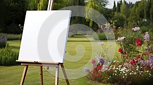 A mockup of a white canvas on an easel in the middle of a garden and flowers. Painting on a stretcher