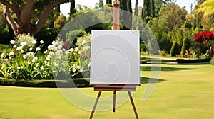 A mockup of a white canvas on an easel in the middle of a garden and flowers. Painting on a stretcher