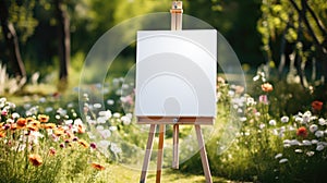 A mockup of a white canvas on an easel in the middle of a garden and flowers. Painting on a stretcher