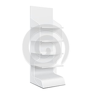 Mockup White Cardboard Floor Display Rack For Supermarket Blank Empty Displays. Shelves And Banner. Mock Up Isolated