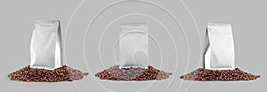 Mockup of a white coffee pouch gusset, doypack set on coffee beans, for the aroma of a product, drink, espresso