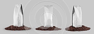 Mockup of white coffee pouch gusset, set of packaging on coffee beans, isolated on background