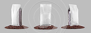 Mockup of white coffee pouch gusset, set of transparent packaging, presentation on coffee beans, isolated on background