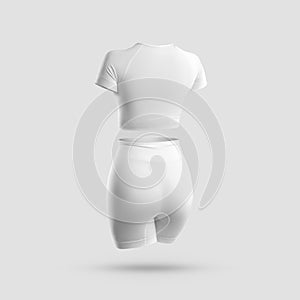 Mockup of white compression sportwear 3D rendering, crop top, t-shirt, high waist shorts, seamless bicycles photo