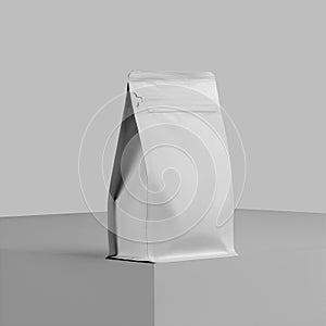 Mockup of a white doy pack for coffee beans, a presentation of zip packaging on a cube, close-up, isolated on a background