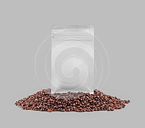 Mockup of white doy pack, zip gusset packaging on coffee beans, close-up, front view, isolated on background