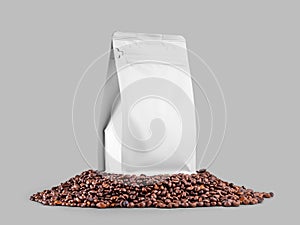 Mockup of white doy pack, zip gusset packaging on coffee beans, isolated on the background