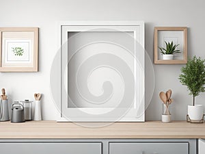 Mockup of white frame in modern kitchen interior.