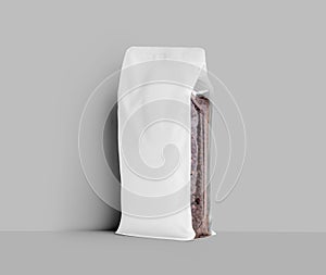 Mockup of white gusset packaging for coffee beans, transparent coffee pouch for presentation, design, pattern, branding