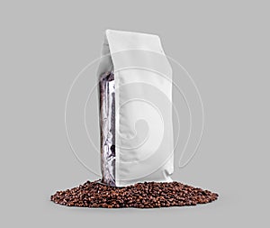 Mockup of white gusset packaging, coffee pouch on beans, for design, pattern, branding, coffee shop advertising