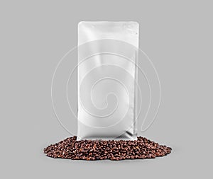 Mockup of white gusset packaging, presentation pouch on coffee beans, isolated on background